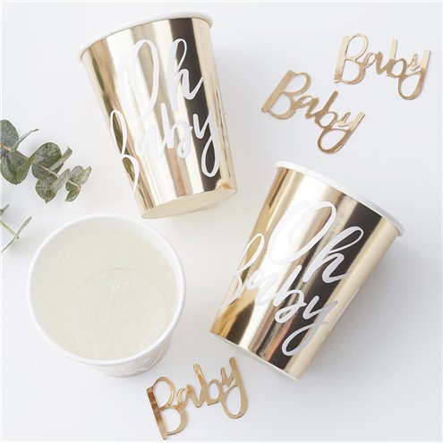 'Oh Baby' Gold Foiled Paper Cups - 255ml