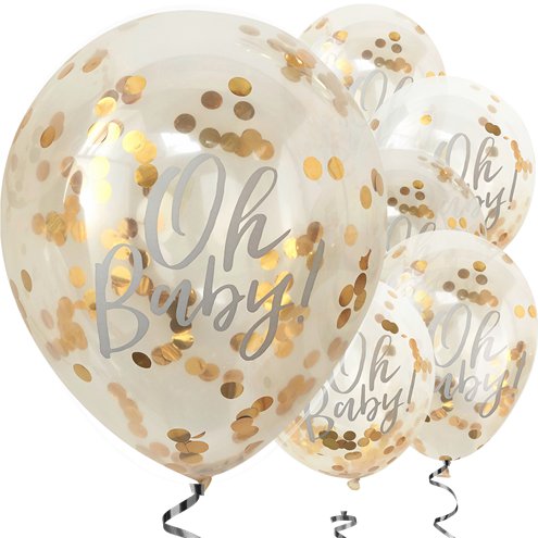 'Oh Baby!' Gold Confetti Latex Balloons - 12"